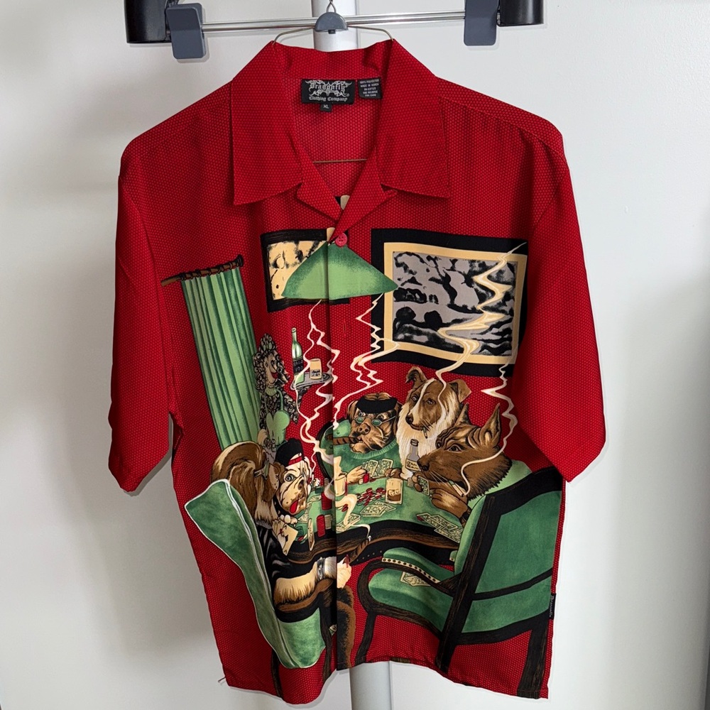 Dragonfly VTG Poker Dogs Card Party Polo Short Sleeve Red Shirt Sz XL